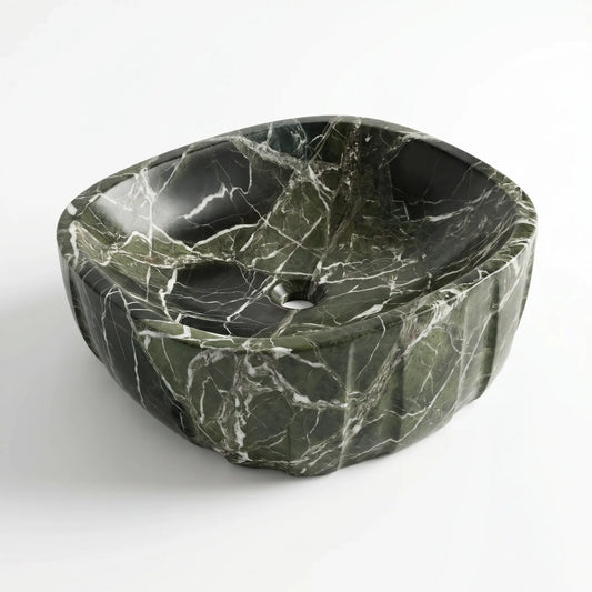 RMD-191 Verdelis round green marble vessel sink with rich natural veining