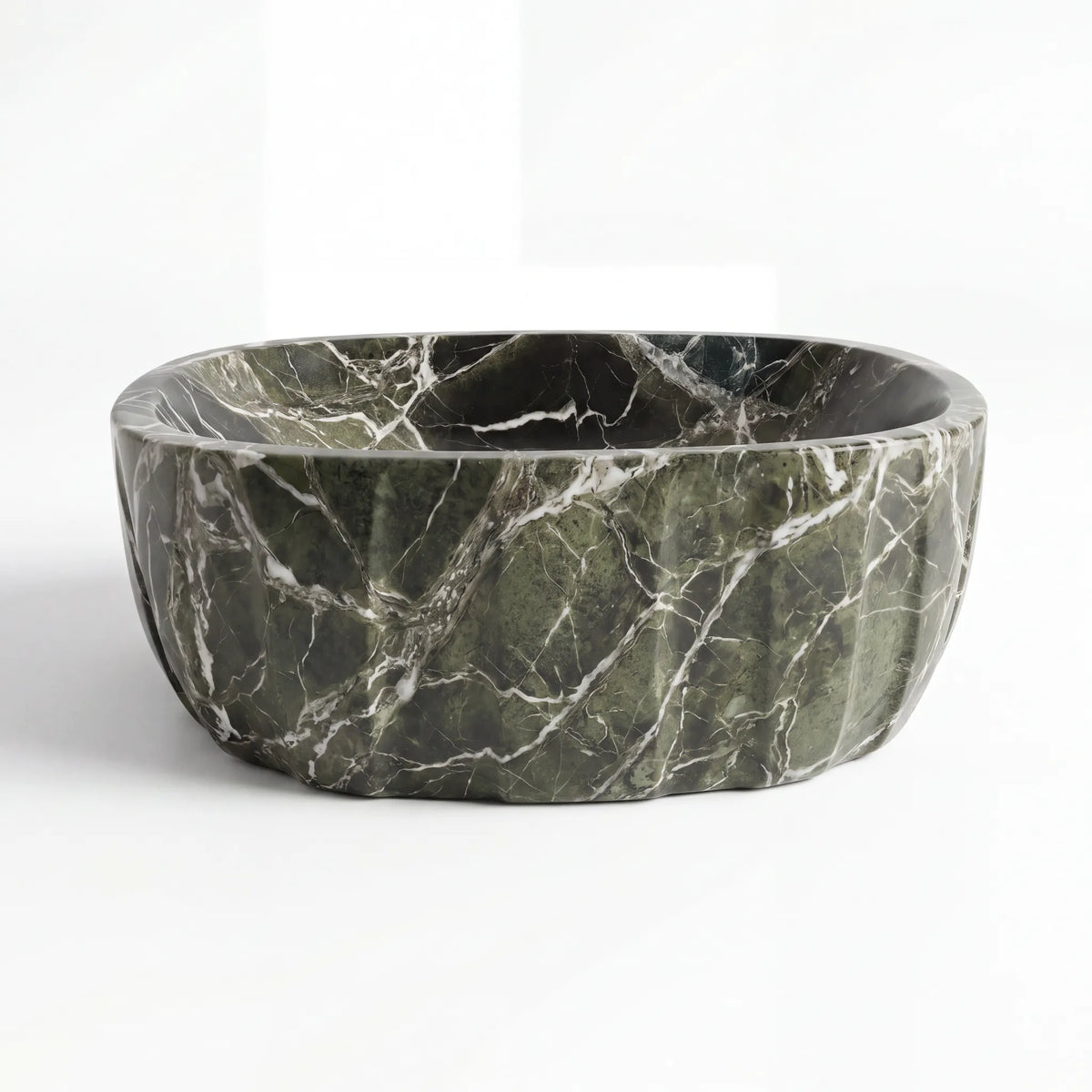 Front view of RMD-191 Verdelis round green marble vessel sink with polished finish