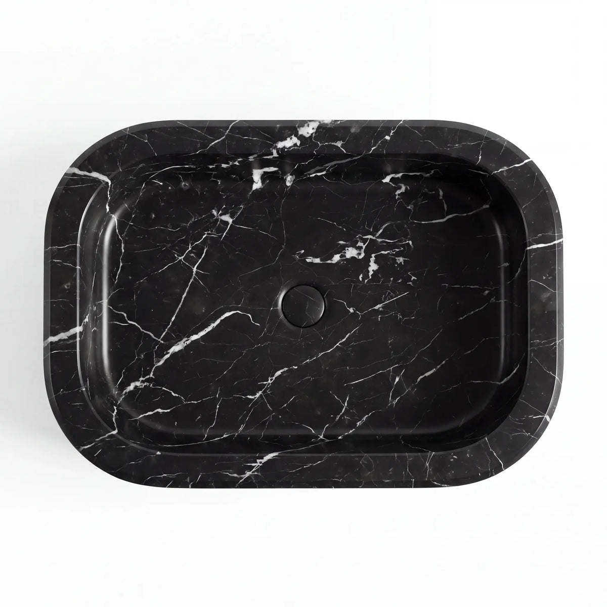 Detailed view of RMD-192 Neravia Nero Marquina marble vessel sink showing distinctive natural veining