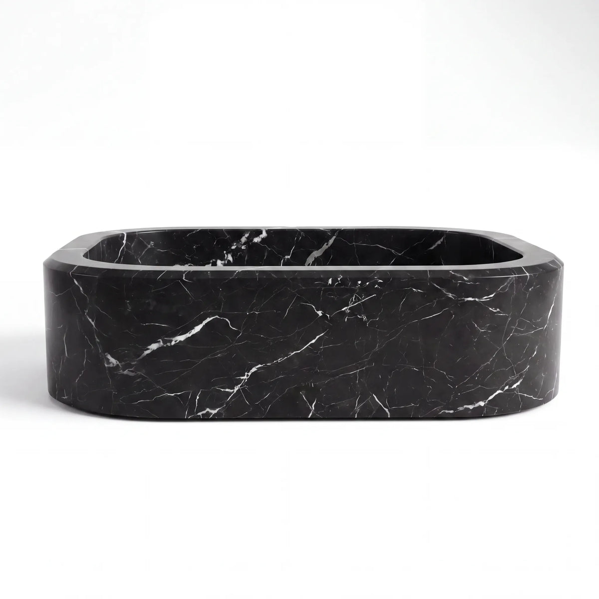 Front view of RMD-192 Neravia oval Nero Marquina marble vessel sink with polished finish
