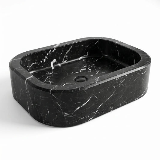 RMD-192 Neravia oval Nero Marquina marble vessel sink with striking natural veining