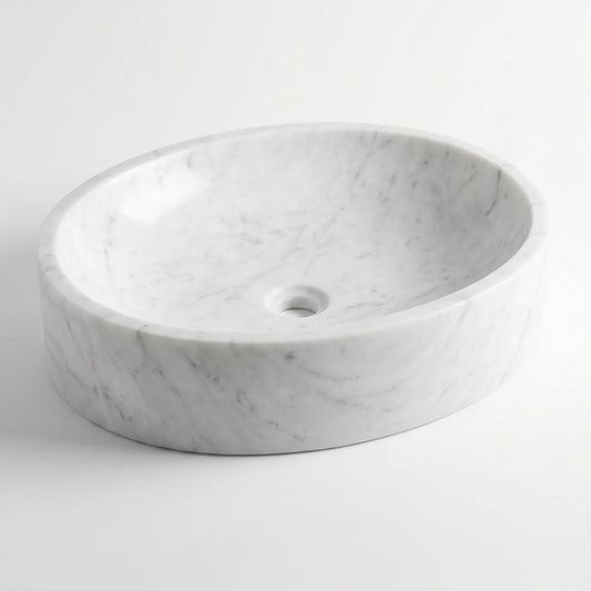 RMD-194 Carralune round Carrara white marble vessel sink with elegant natural veining