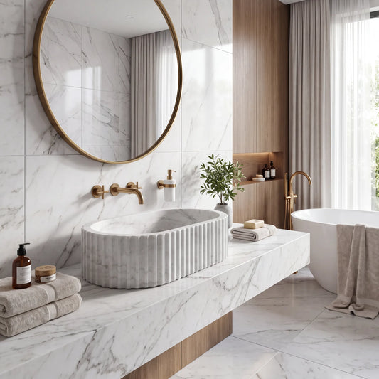 RMD-195 Carvella round Carrara white marble vessel sink styled on an elegant bathroom vanity