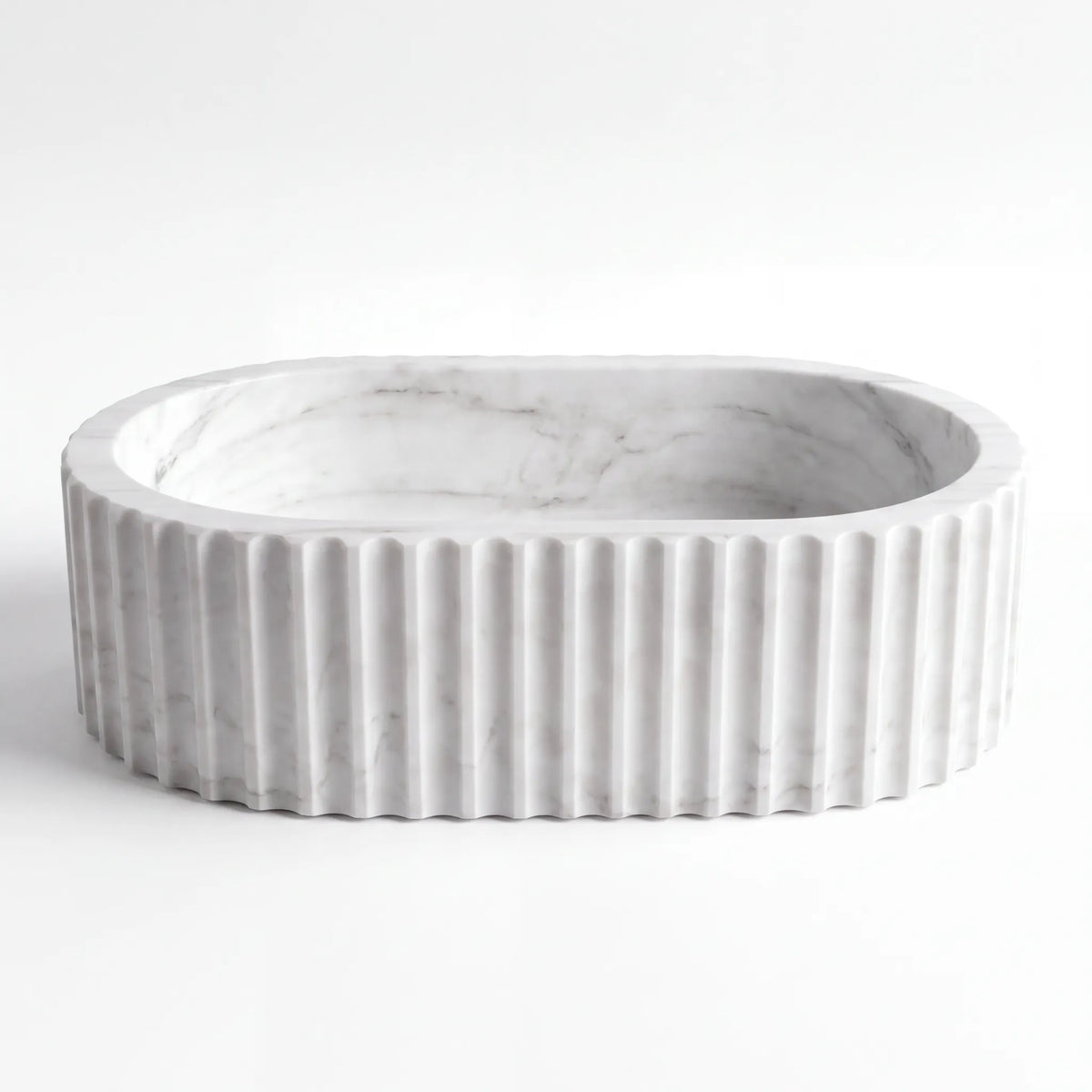 Front view of RMD-195 Carvella round Carrara white marble vessel sink with polished finish