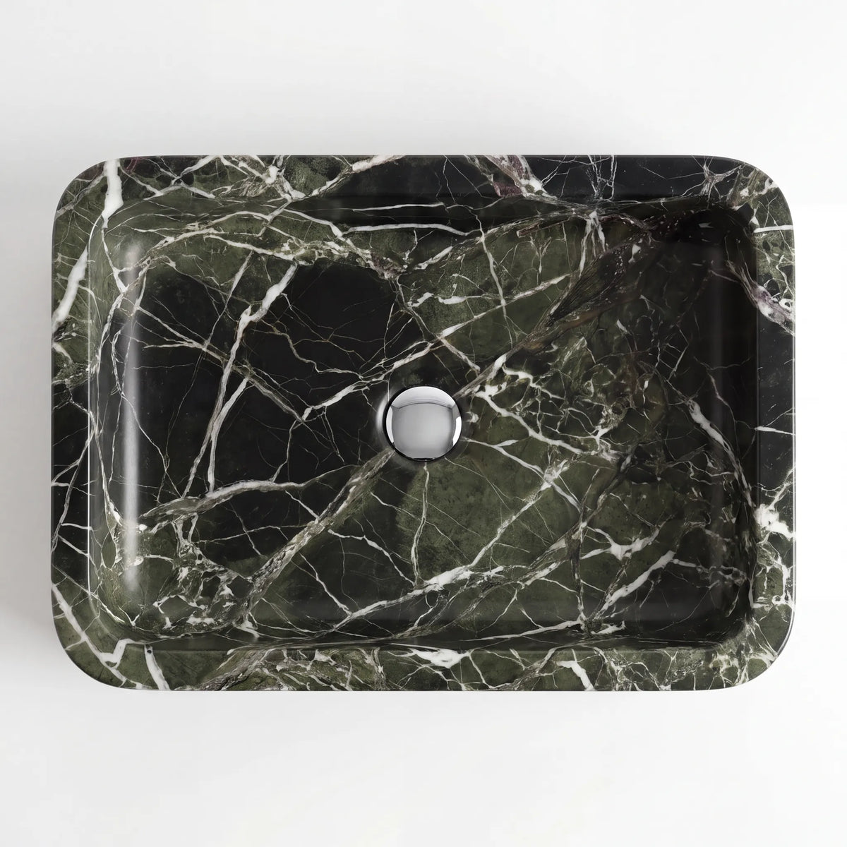 Detailed view of RMD-196 Verdalia green marble vessel sink showing distinctive natural veining