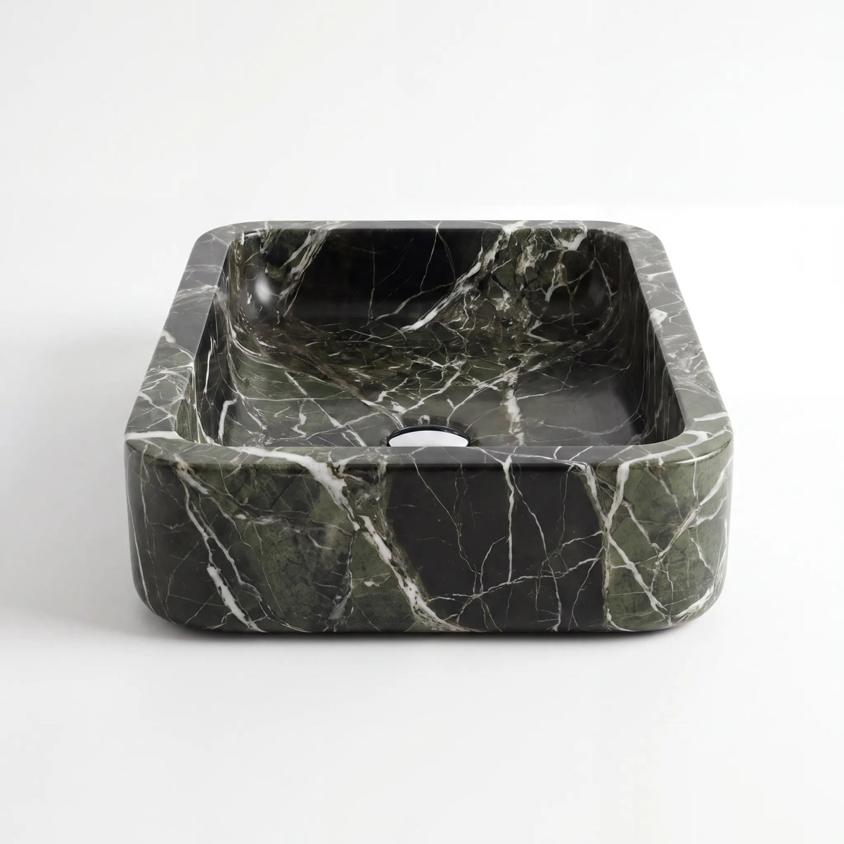 Front view of RMD-196 Verdalia round green marble vessel sink with polished finish