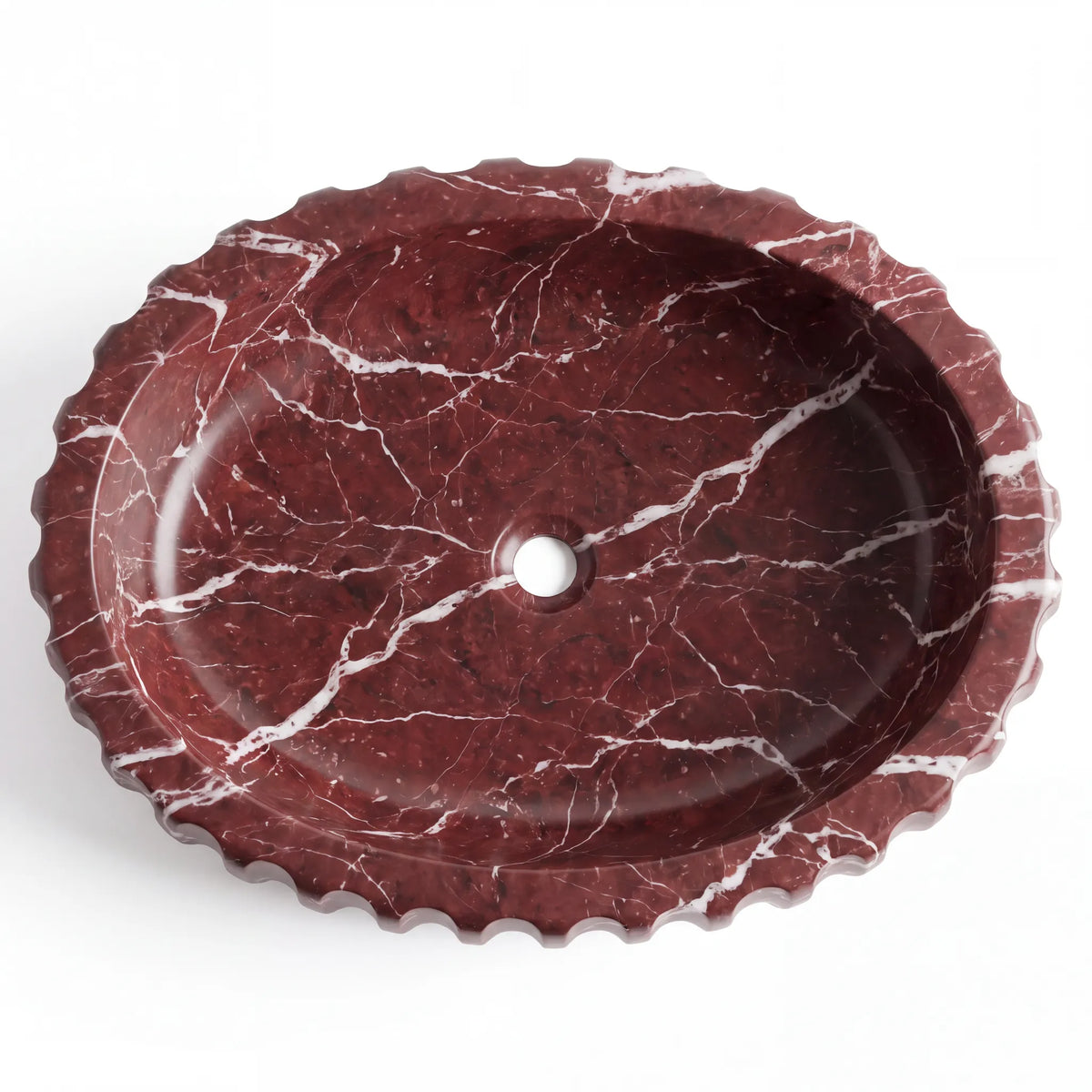 Detailed view of RMD-198 Rosavita Rosso Levanto marble vessel sink showing rich natural veining