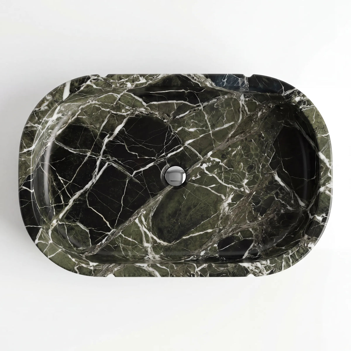 Detailed view of RMD-200 Verdessa green marble vessel sink showing distinctive natural veining