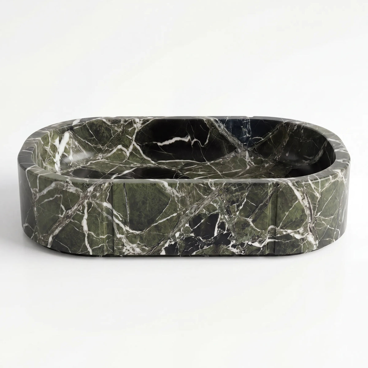 Front view of RMD-200 Verdessa round green marble vessel sink with polished finish