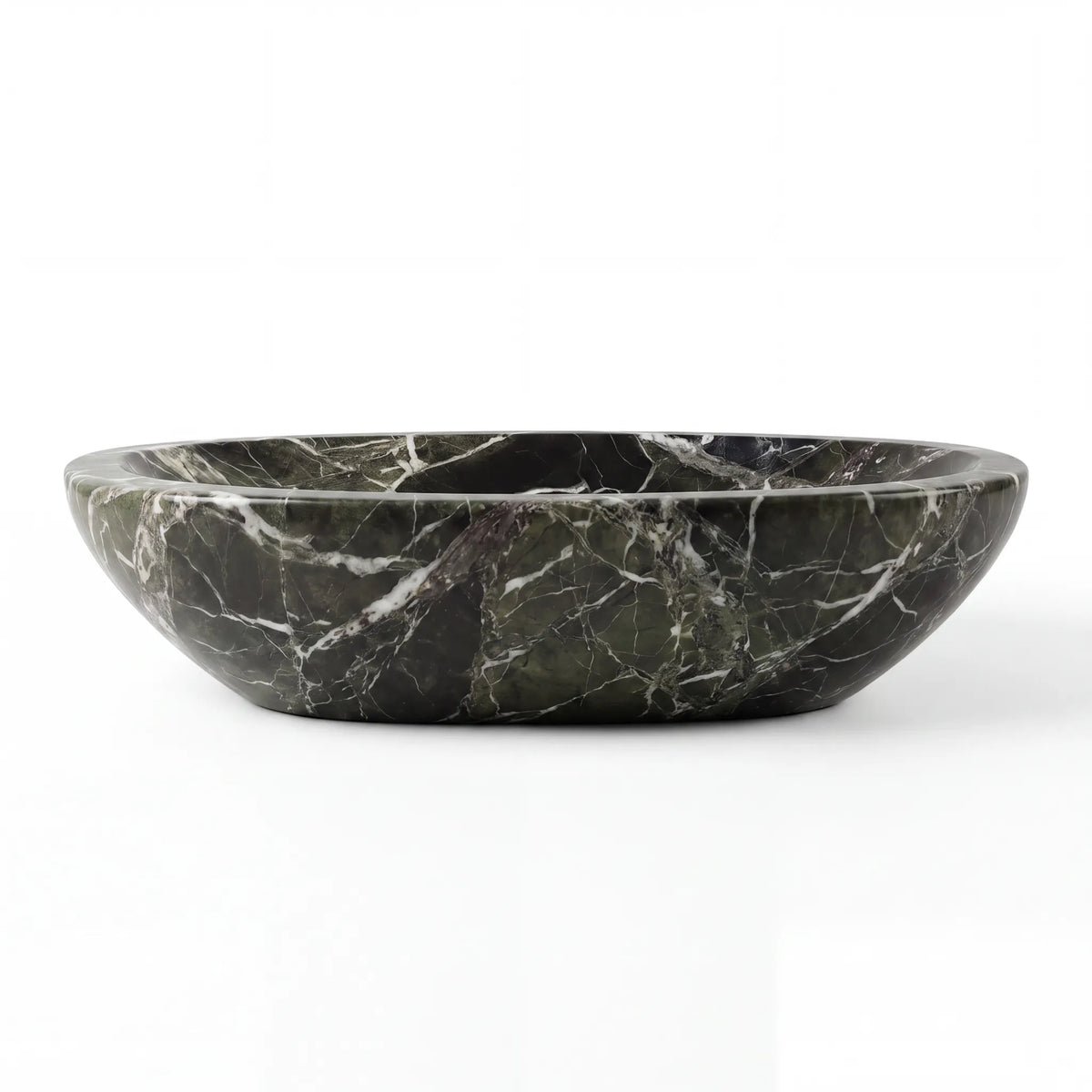 Front view of RMD-202 Verdanis rectangular green marble vessel sink with polished finish