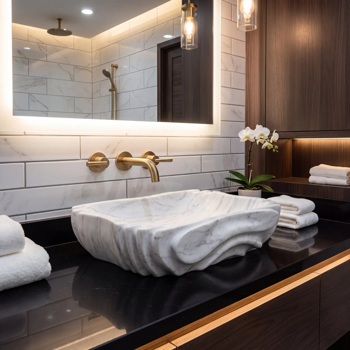 RMD-203 Carravita rectangular Carrara white marble vessel sink styled on an elegant bathroom vanity