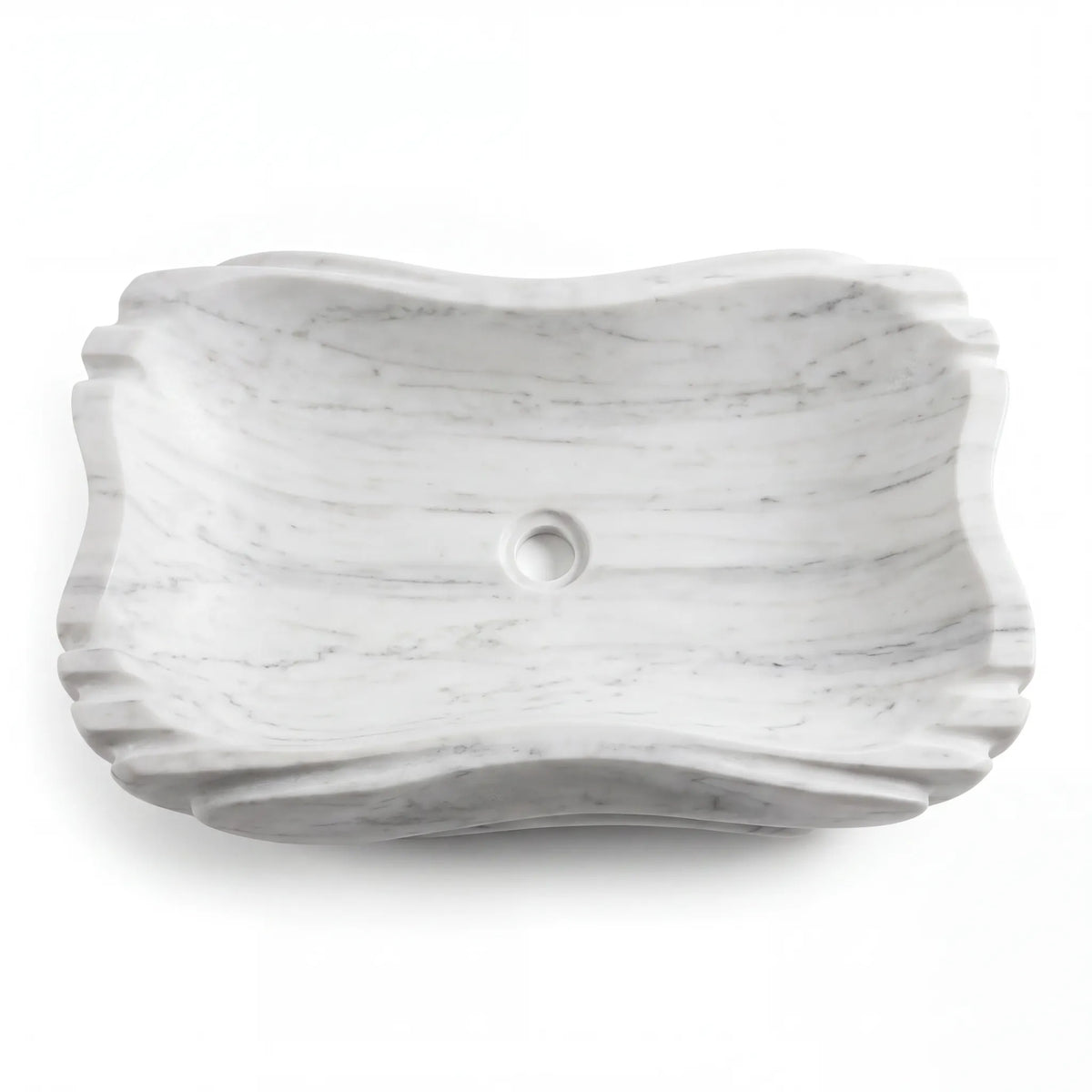 Detailed view of RMD-203 Carravita Carrara white marble vessel sink showing elegant natural veining