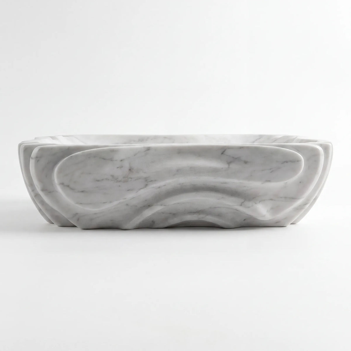 Front view of RMD-203 Carravita rectangular Carrara white marble vessel sink with polished finish
