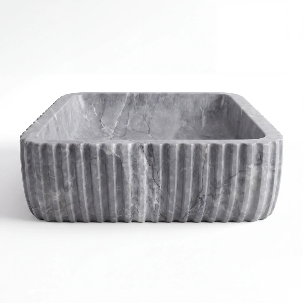 Front view of RMD-204 Grigelle rectangular grey marble vessel sink with polished finish