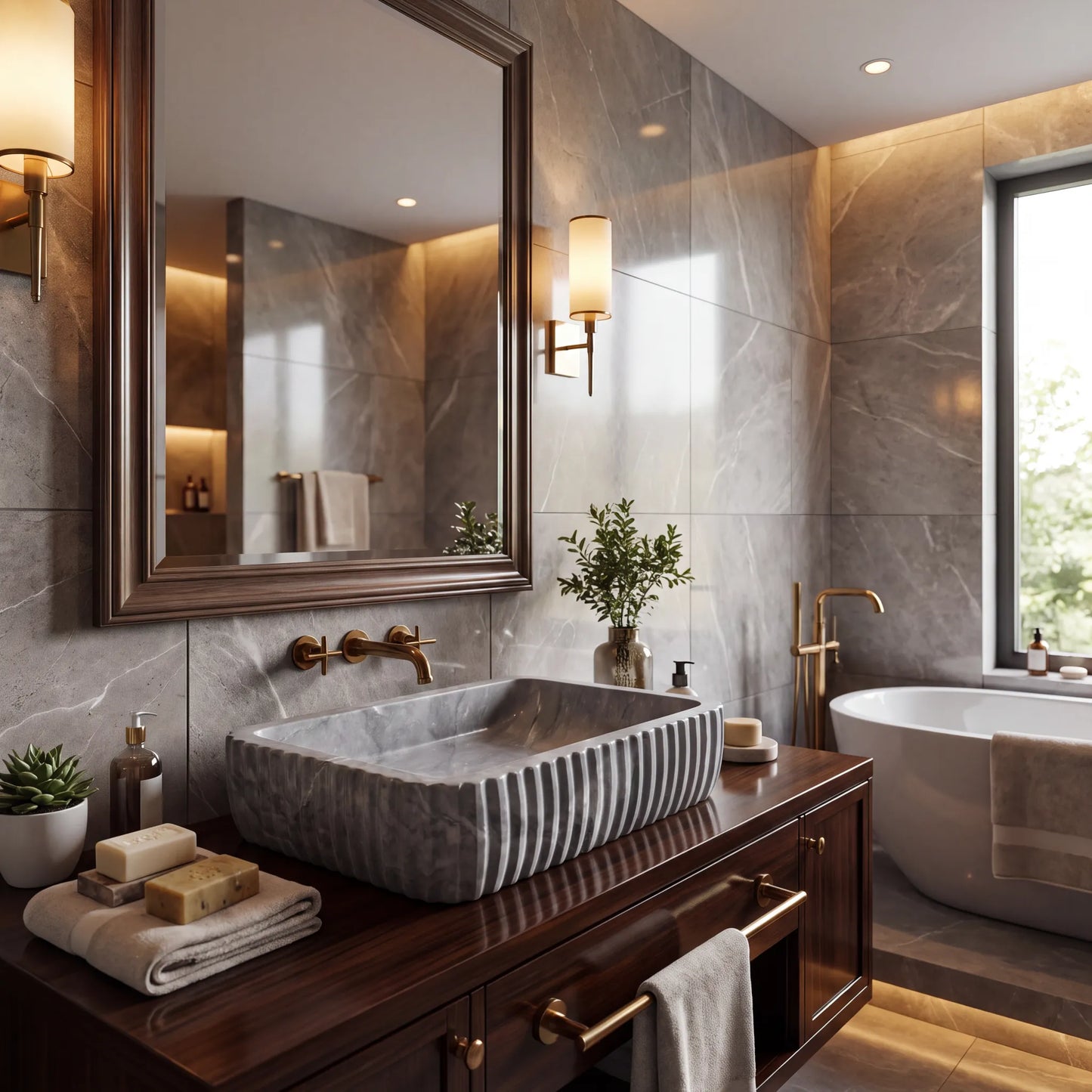 RMD-204 Rectangle Grey Marble Vessel Sink Basin