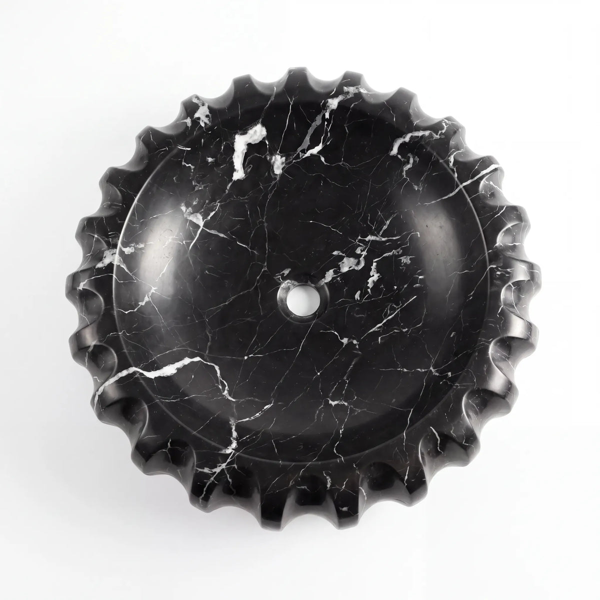 Detailed view of RMD-205 Nerissa Nero Marquina marble vessel sink showing distinctive natural veining