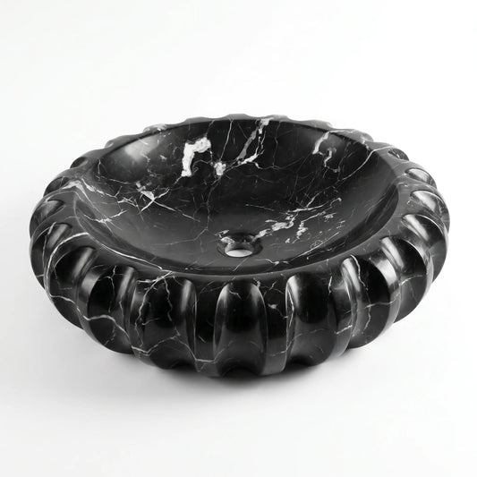 RMD-205 Nerissa round Nero Marquina marble vessel sink with striking natural veining