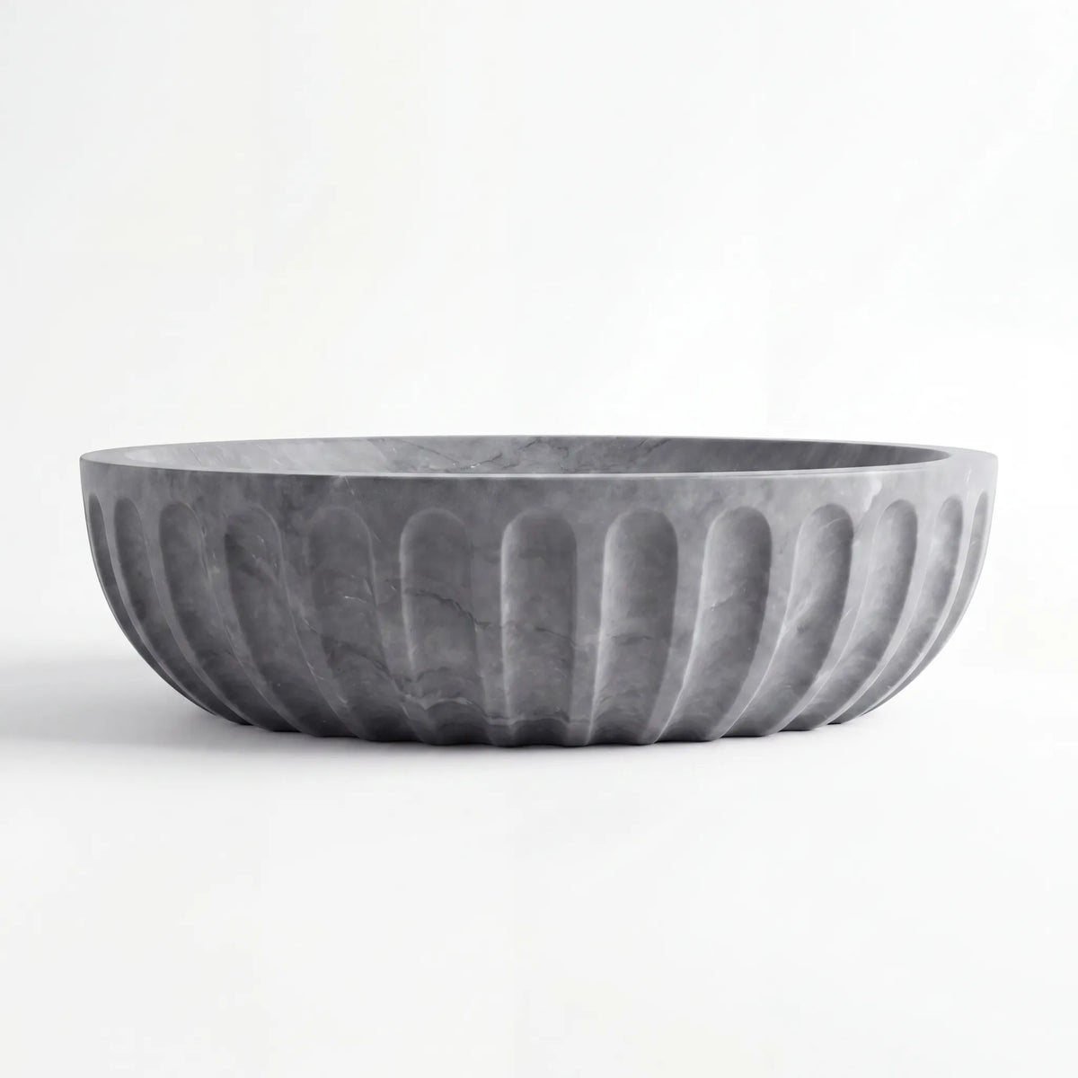 Front view of RMD-207 Grigora round grey marble vessel sink with polished finish