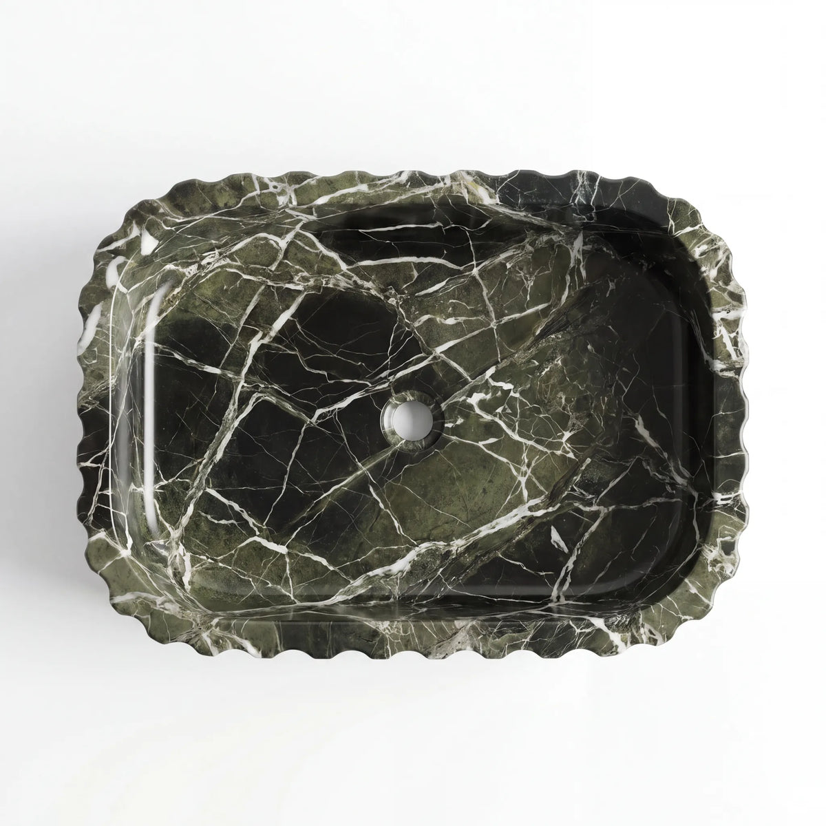 Detailed view of RMD-208 Veralune green marble vessel sink showing distinctive natural veining
