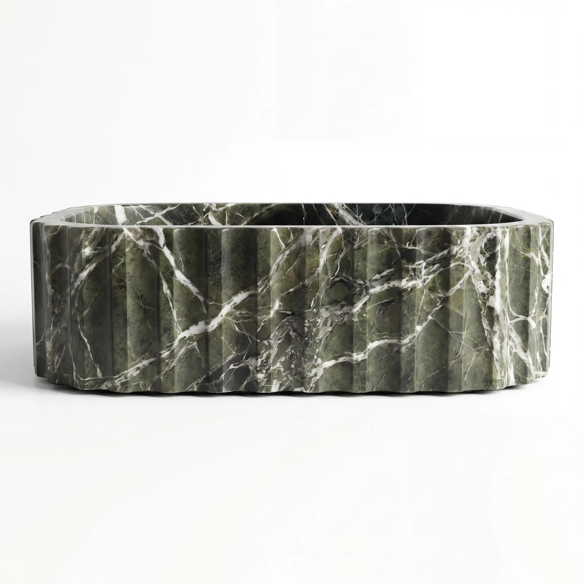 Front view of RMD-208 Veralune oval green marble vessel sink with polished finish