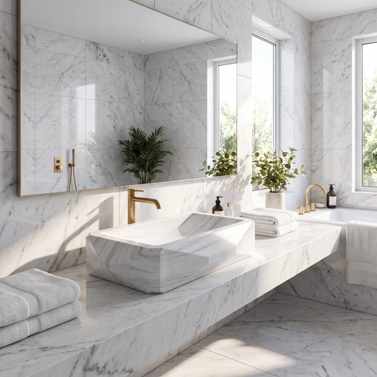 RMD-209 Carrisse square Carrara white marble vessel sink styled on an elegant bathroom vanity