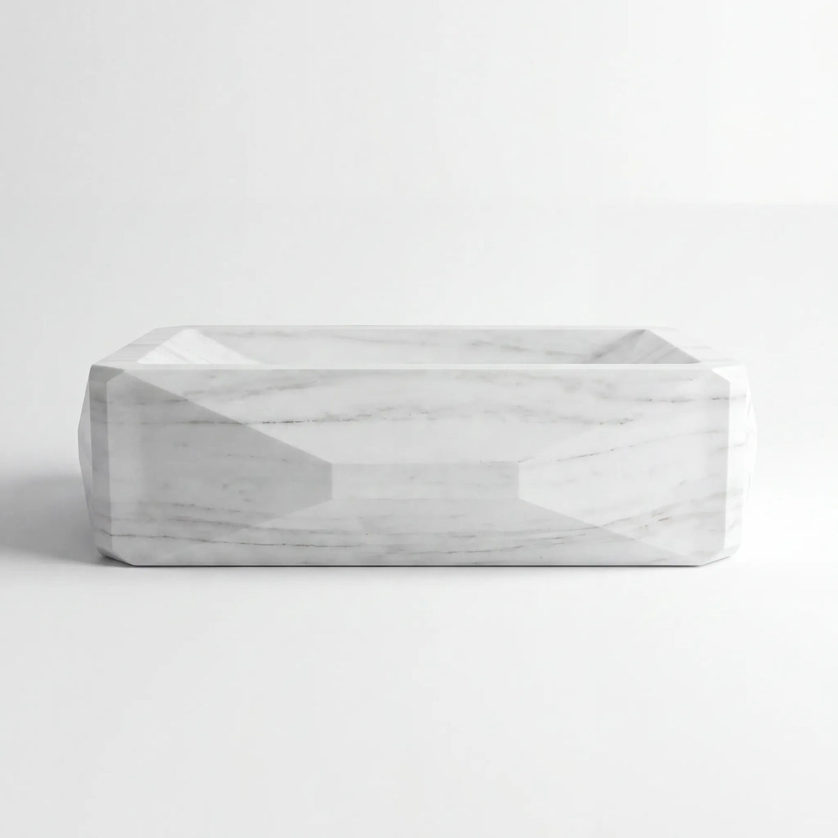 Front view of RMD-209 Carrisse square Carrara white marble vessel sink with polished finish
