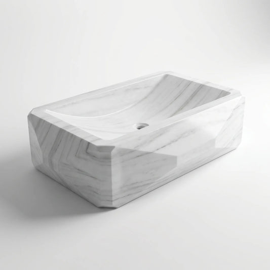 RMD-209 Carrisse square Carrara white marble vessel sink with elegant natural veining
