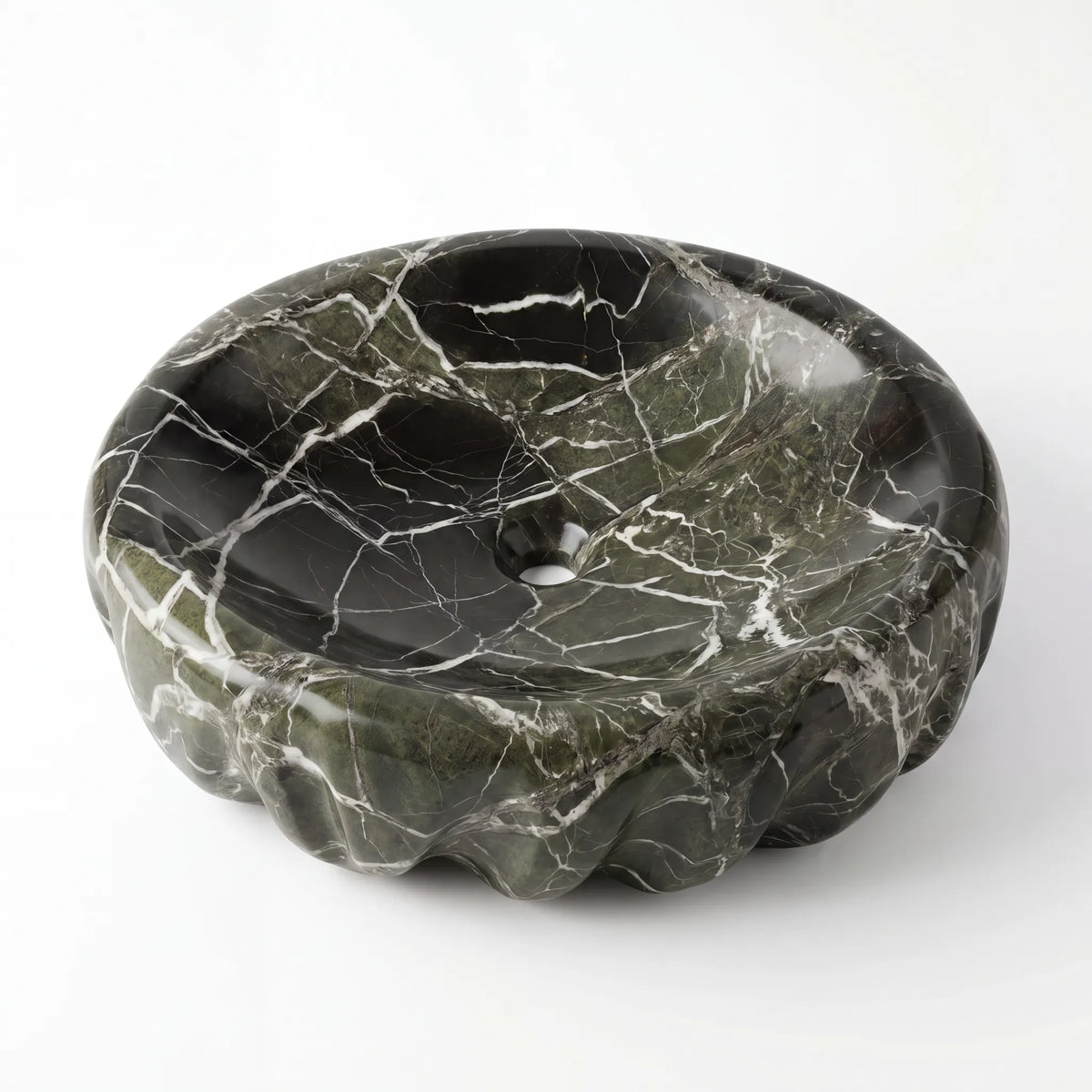 Detailed view of RMD-210 Verdelle green marble vessel sink showing distinctive natural veining