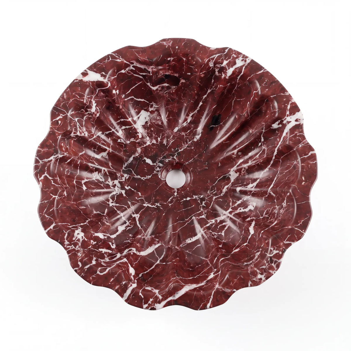 Detailed view of RMD-211 Rosavelle Rosso Levanto marble vessel sink showing rich natural veining