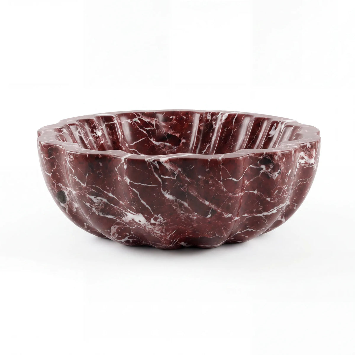 Front view of RMD-211 Rosavelle round Rosso Levanto marble vessel sink with polished finish