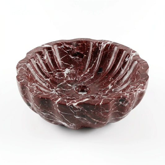 RMD-211 Rosavelle round Rosso Levanto marble vessel sink with distinctive natural veining