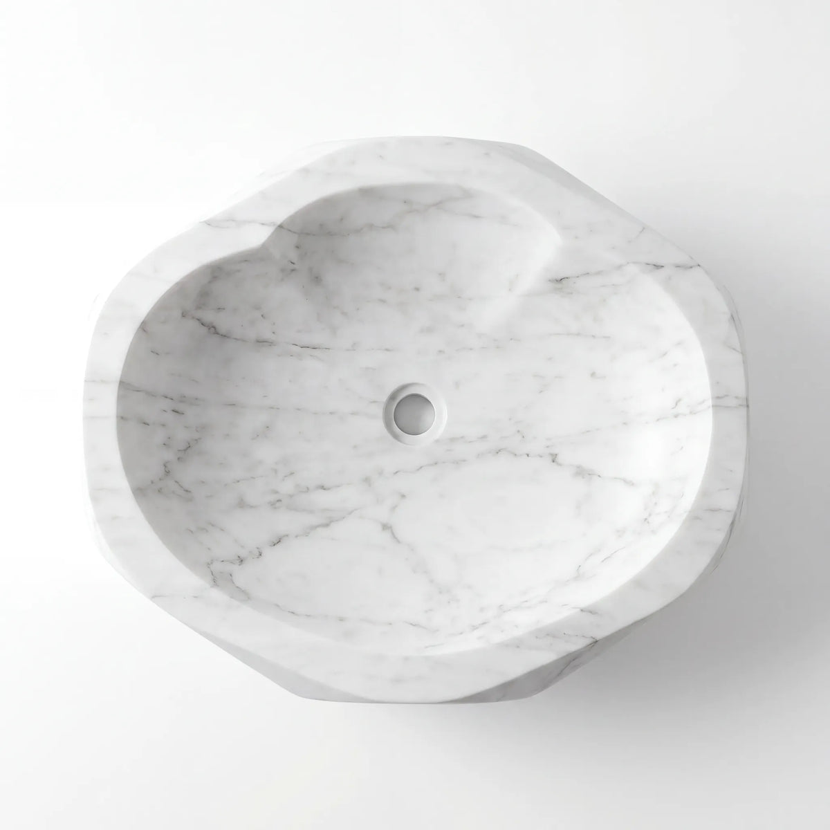 Detailed view of RMD-213 Carrelia Carrara white marble vessel sink showing elegant natural veining
