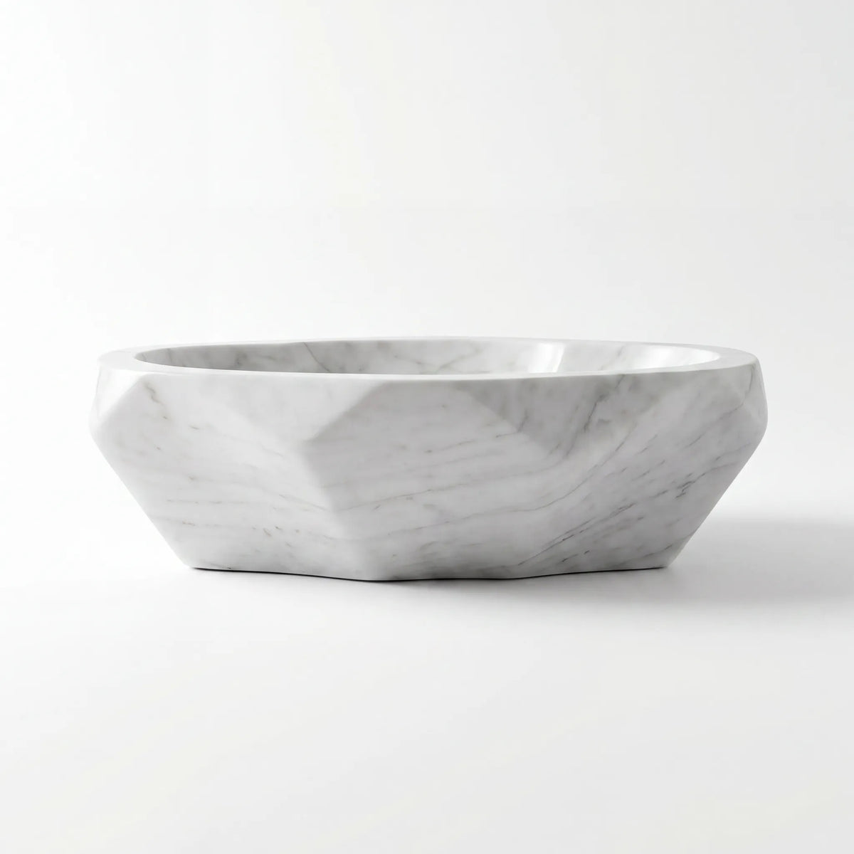 Front view of RMD-213 Carrelia round Carrara white marble vessel sink with polished finish