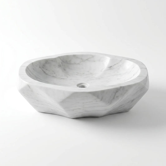 RMD-213 Carrelia round Carrara white marble vessel sink with elegant natural veining