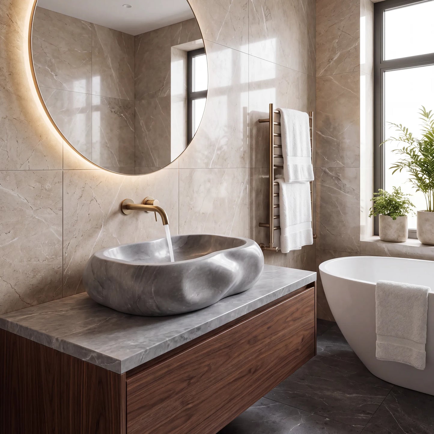 RMD-214 Round Grey Marble Vessel Sink Basin