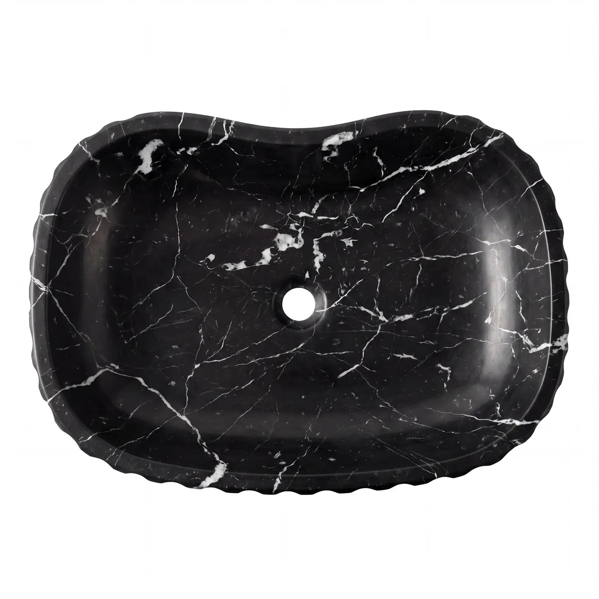 Detailed view of RMD-215 Nerovelle Nero Marquina marble vessel sink showing distinctive natural veining