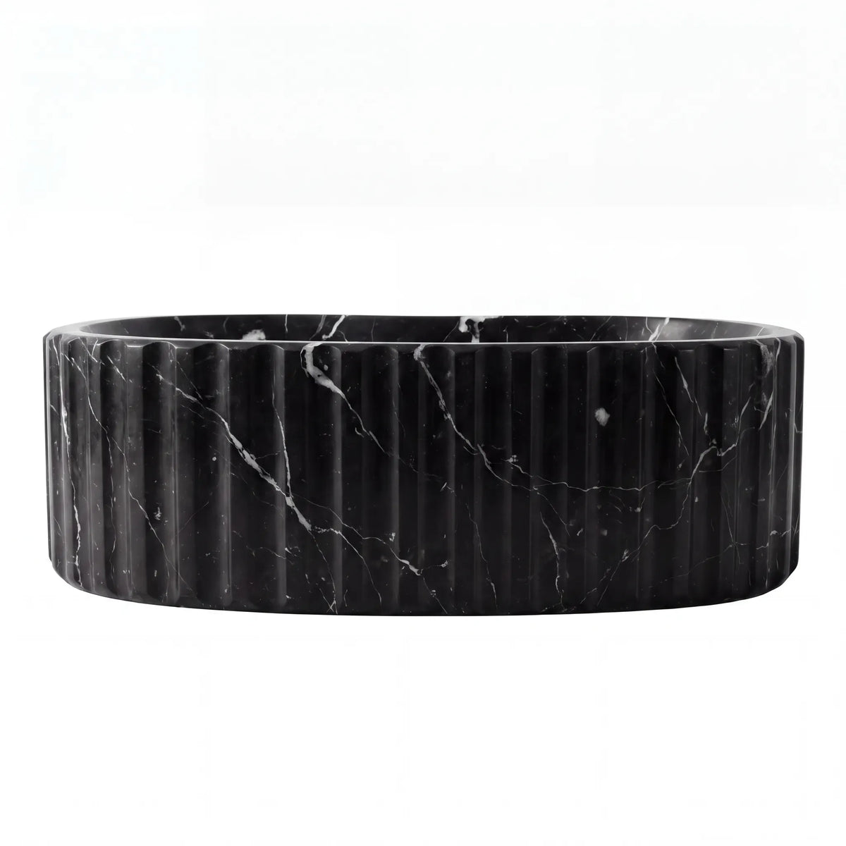 Front view of RMD-215 Nerovelle rectangular Nero Marquina marble vessel sink with polished finish