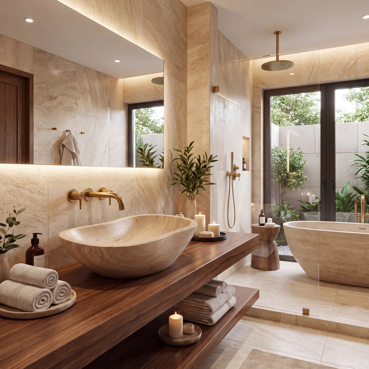 RMD-217 Aurevia round Calacatta Gold marble vessel sink styled on an elegant bathroom vanity
