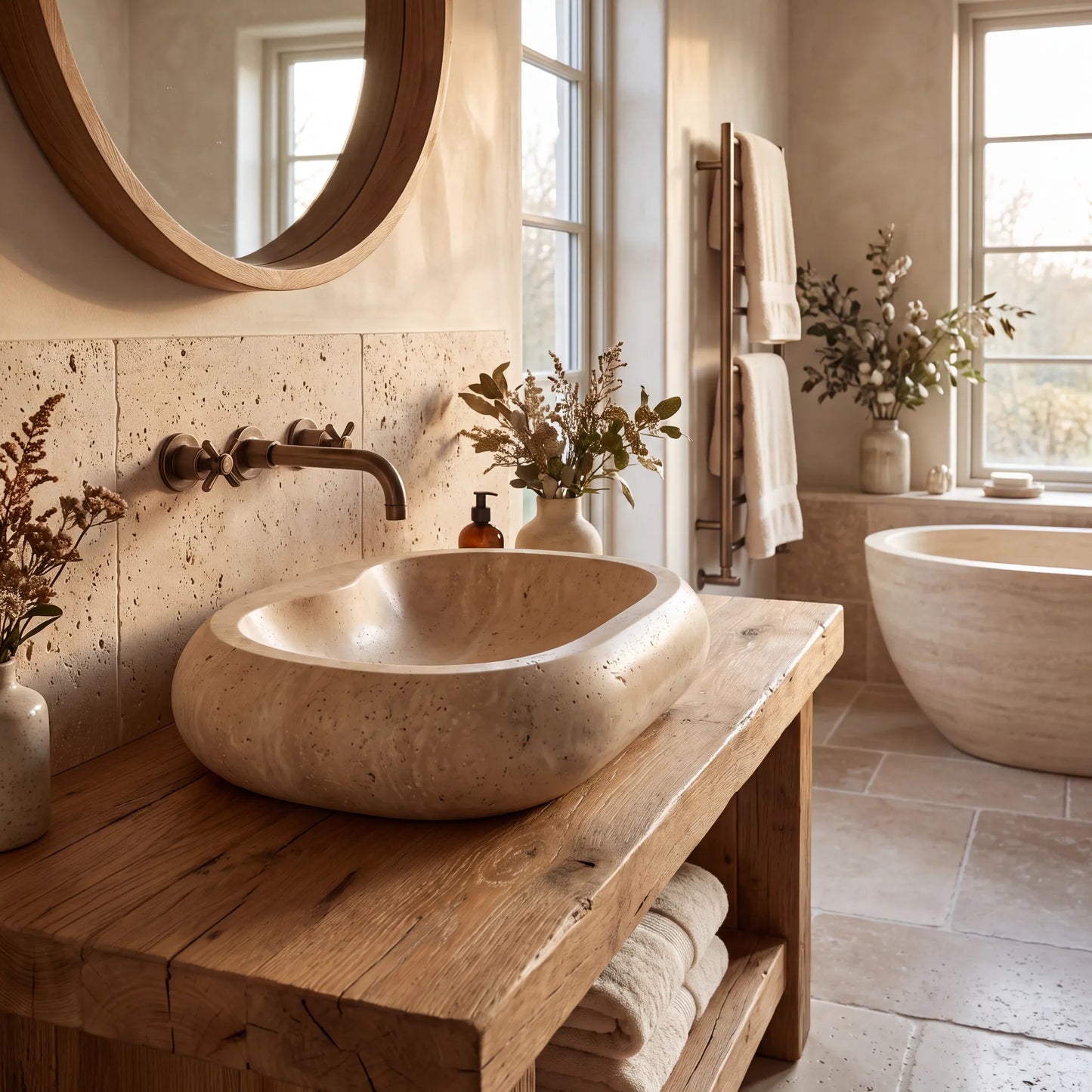 RMD-218 Round Travertine Vessel Sink Basin