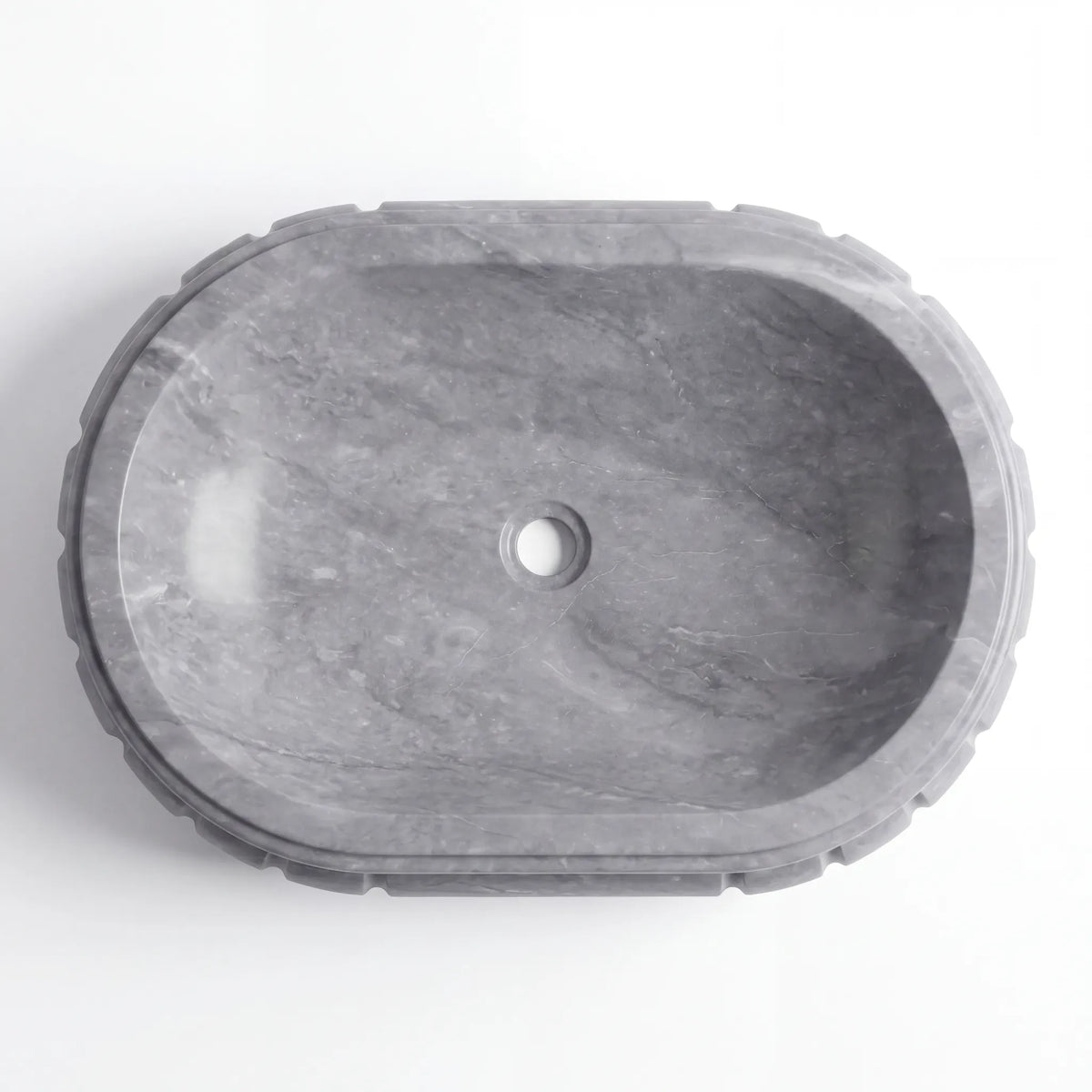 Detailed view of RMD-223 Greystone grey marble vessel sink showing distinctive natural veining