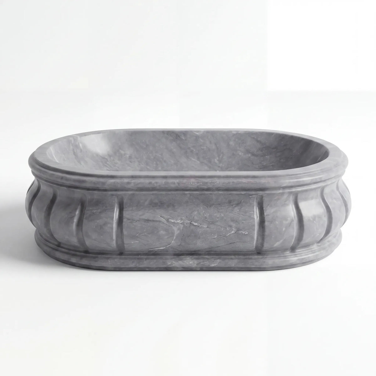Front view of RMD-223 Greystone round grey marble vessel sink with polished finish