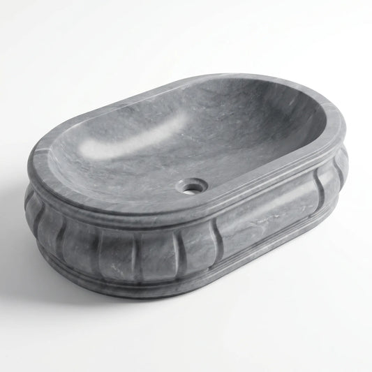 RMD-223 Greystone round grey marble vessel sink with elegant natural veining