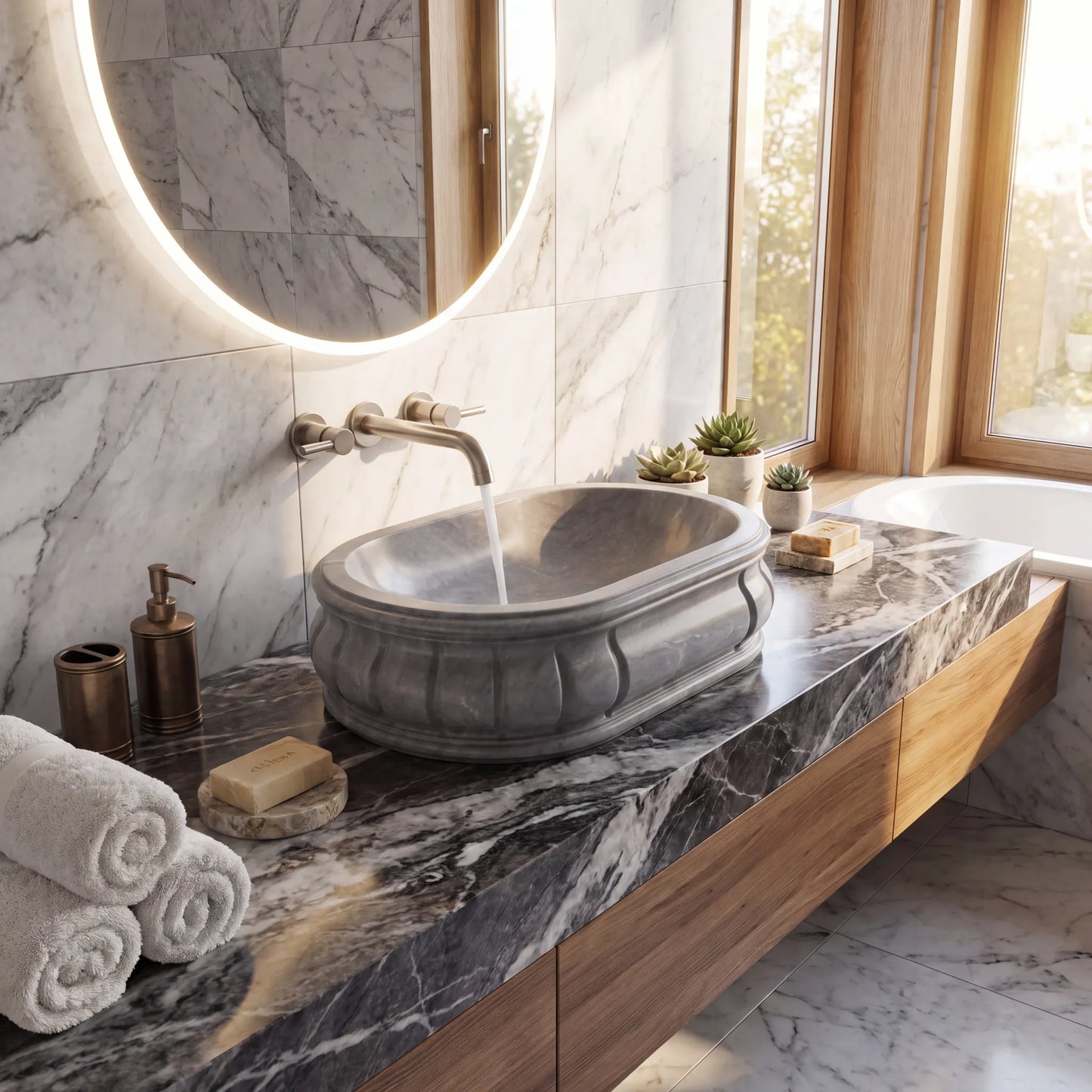 RMD-223 Round Grey Marble Vessel Sink Basin