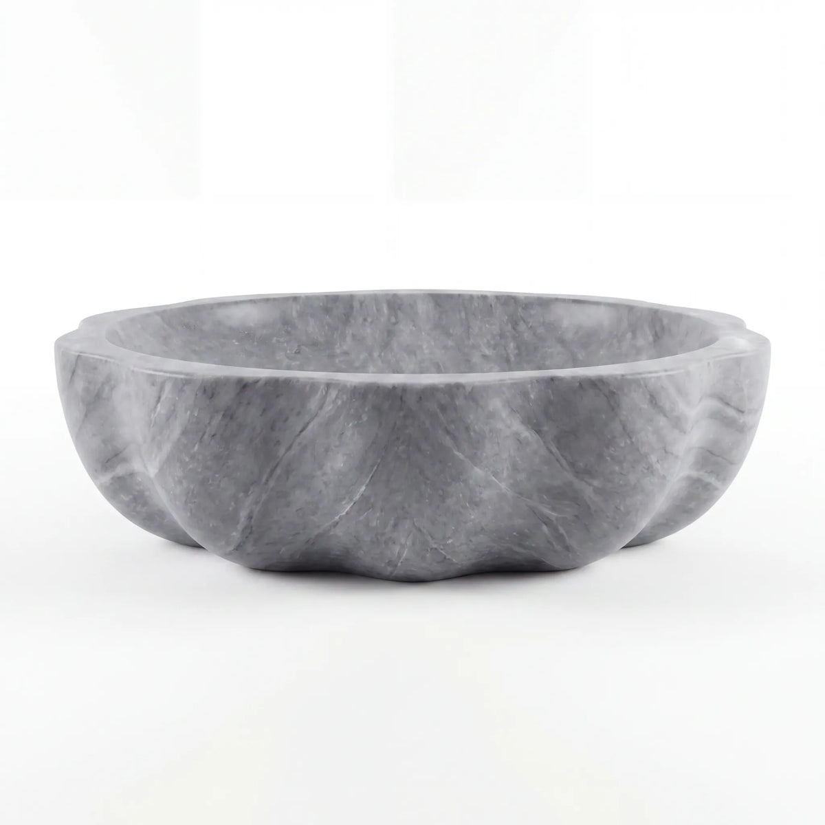 Front view of RMD-226 Grigio round grey marble vessel sink with polished finish
