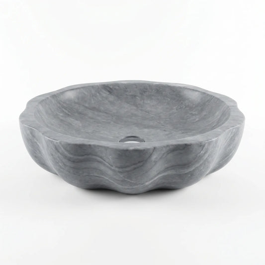 RMD-226 Grigio round grey marble vessel sink with distinctive natural veining