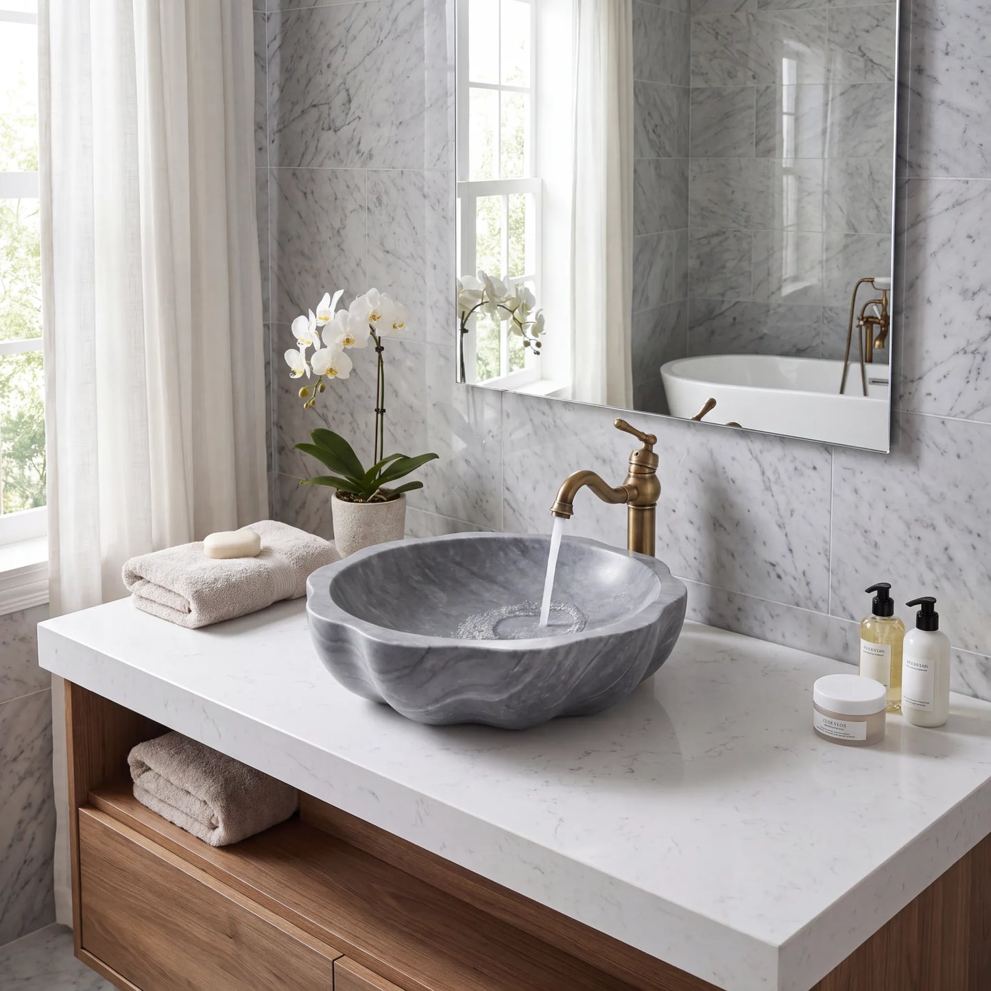 RMD-226 Round Grey Marble Vessel Sink Basin