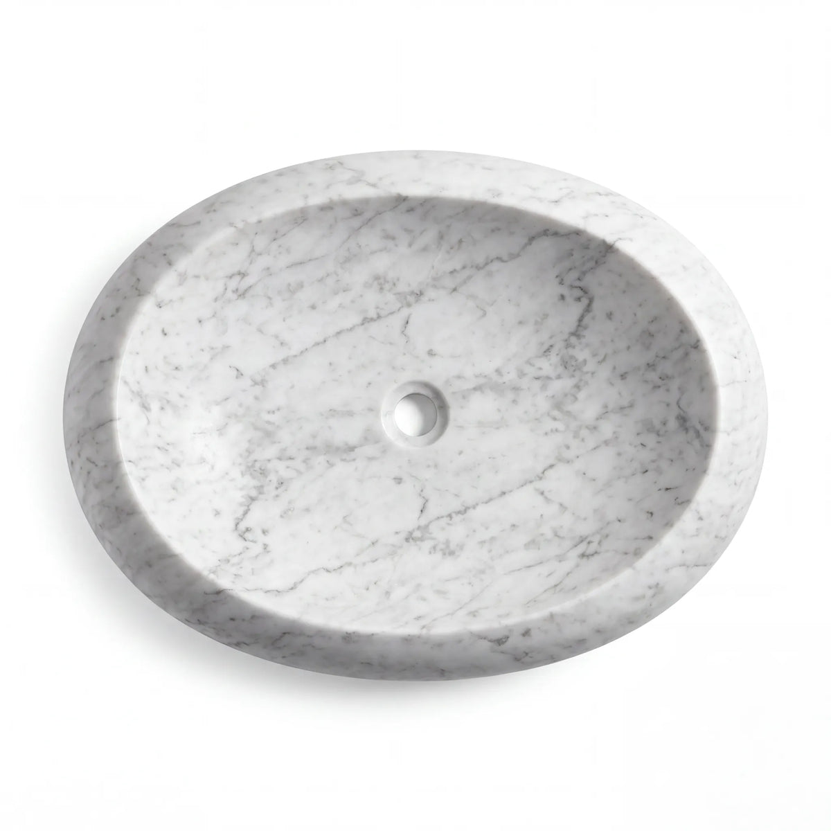 Detailed view of RMD-227 Carrena Carrara white marble vessel sink showing natural stone veining