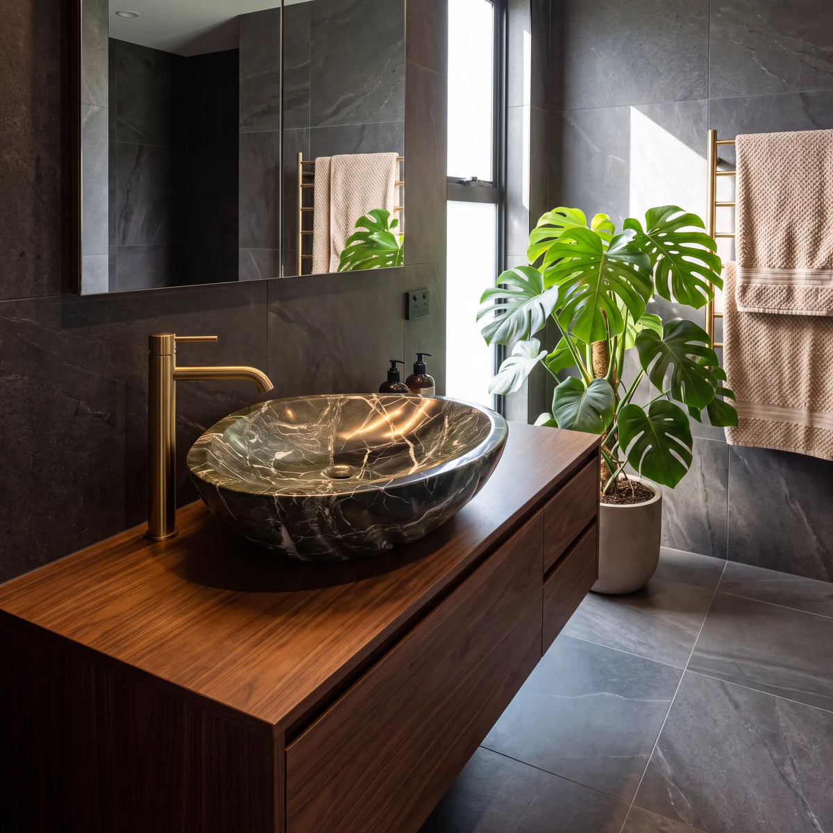 RMD-228 Virenza round green marble vessel sink styled on an elegant bathroom vanity
