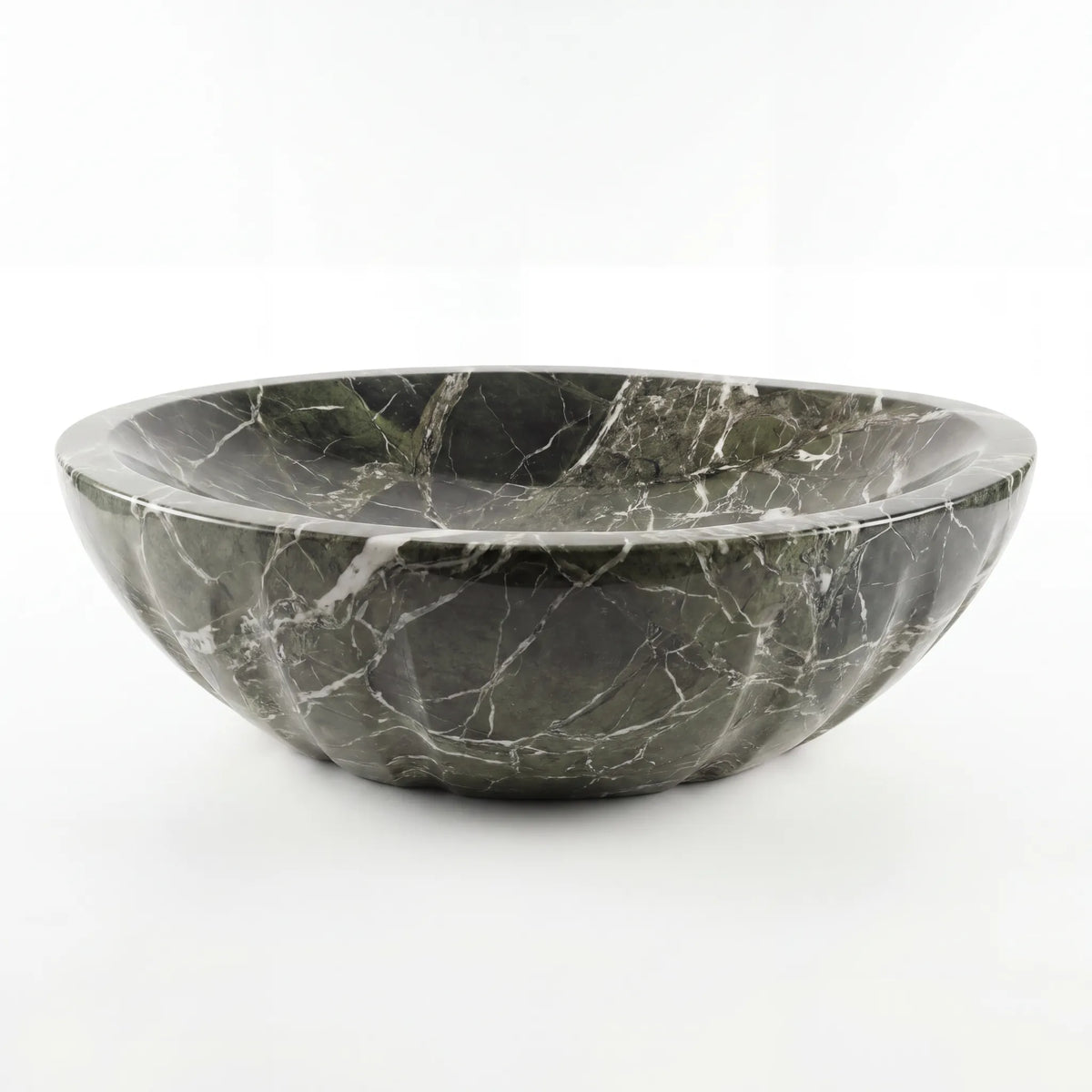 Front view of RMD-228 Virenza round green marble vessel sink with polished finish