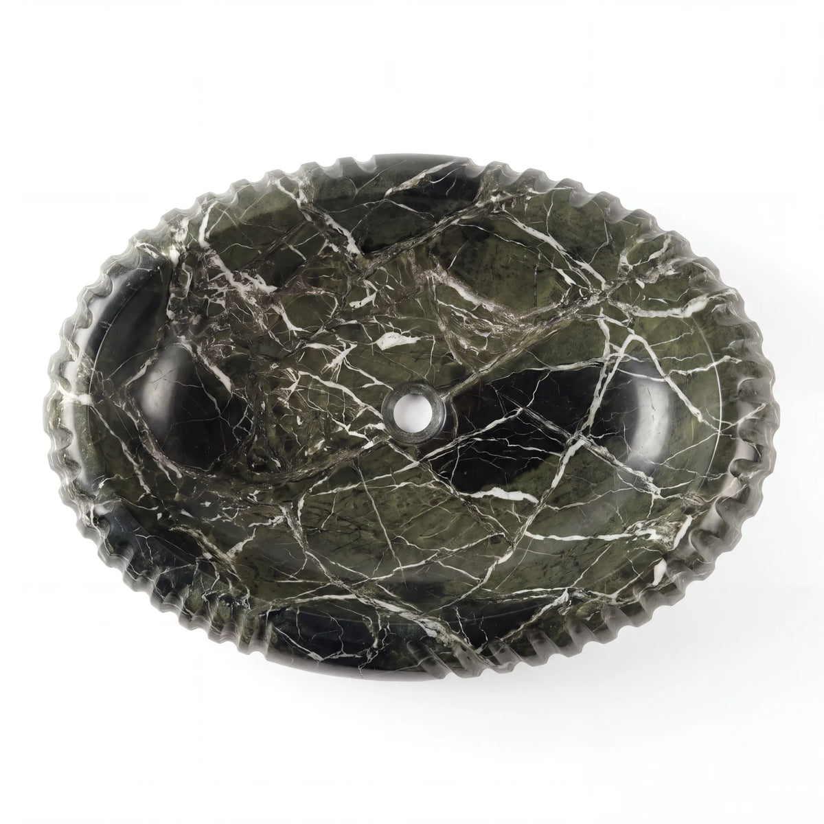Detailed view of RMD-229 Verdanza green marble vessel sink showing distinctive natural veining